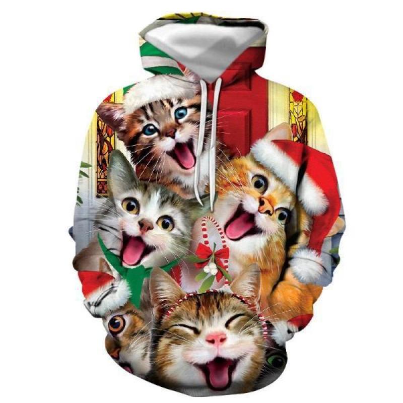 Men's and Women's Christmas Cat Hooded Sweatshirts, Fashionable Clothing, Fun Children's Animal Print Outerwear, Harajuku Large
