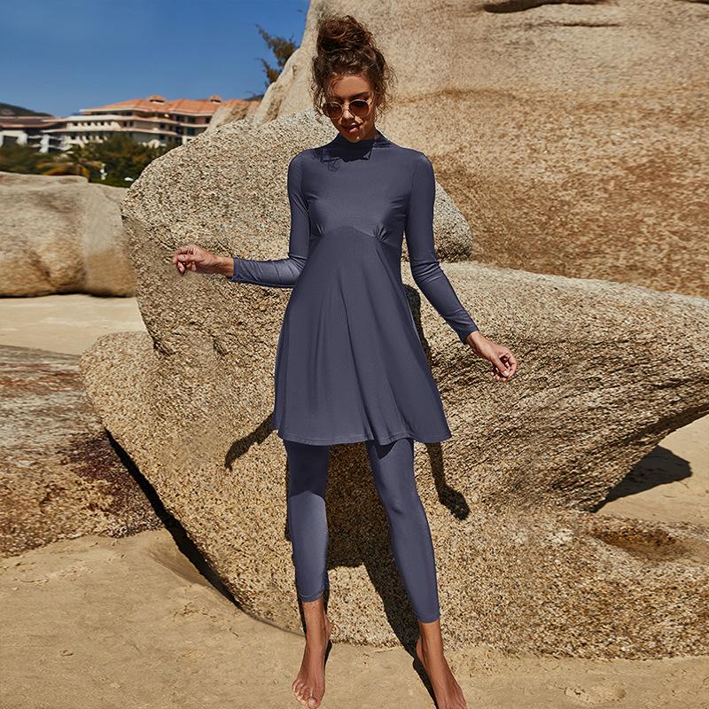 New S-XL Women Muslim Swimwear Slim Long Sleeve Islamic Swimsuit Summer Arab Beach Bikini Modest Full Cover Swimwear Swimming Burkini