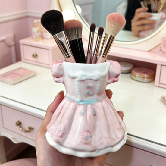 Bow Dress Pencil Cup, Ceramic Desk Organizer, Cute Makeup Brush Holder for Girls Room, Office Gift for Women
