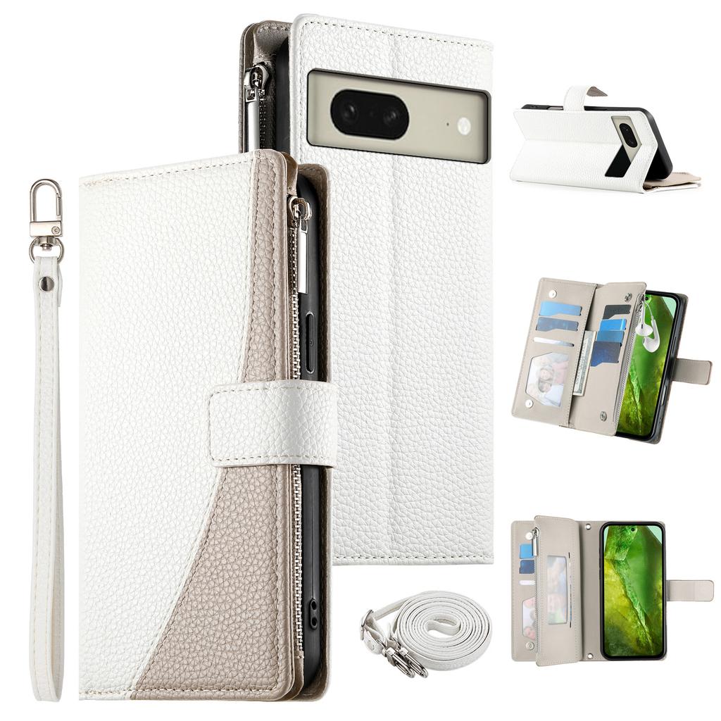 For Google Pixel 8 Case Zipper Wallet Color Splicing Leather Flip Phone Cover with Straps