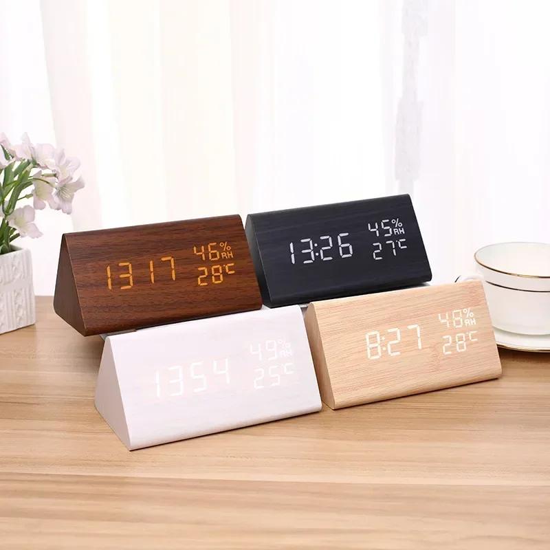 Digital Clock LED Wooden Alarm Clock Table Sound Control Electronic Clocks Desktop USB/AAA Powered Decoration Home Table Decor