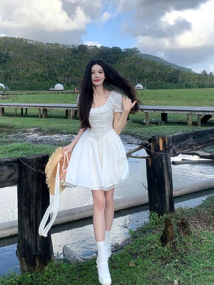 Белое милое элегантное короткое вечернее платье, женское повседневное корейское модное платье с коротким рукавом, кавайное кружевное платье, новинка лета 2024 года