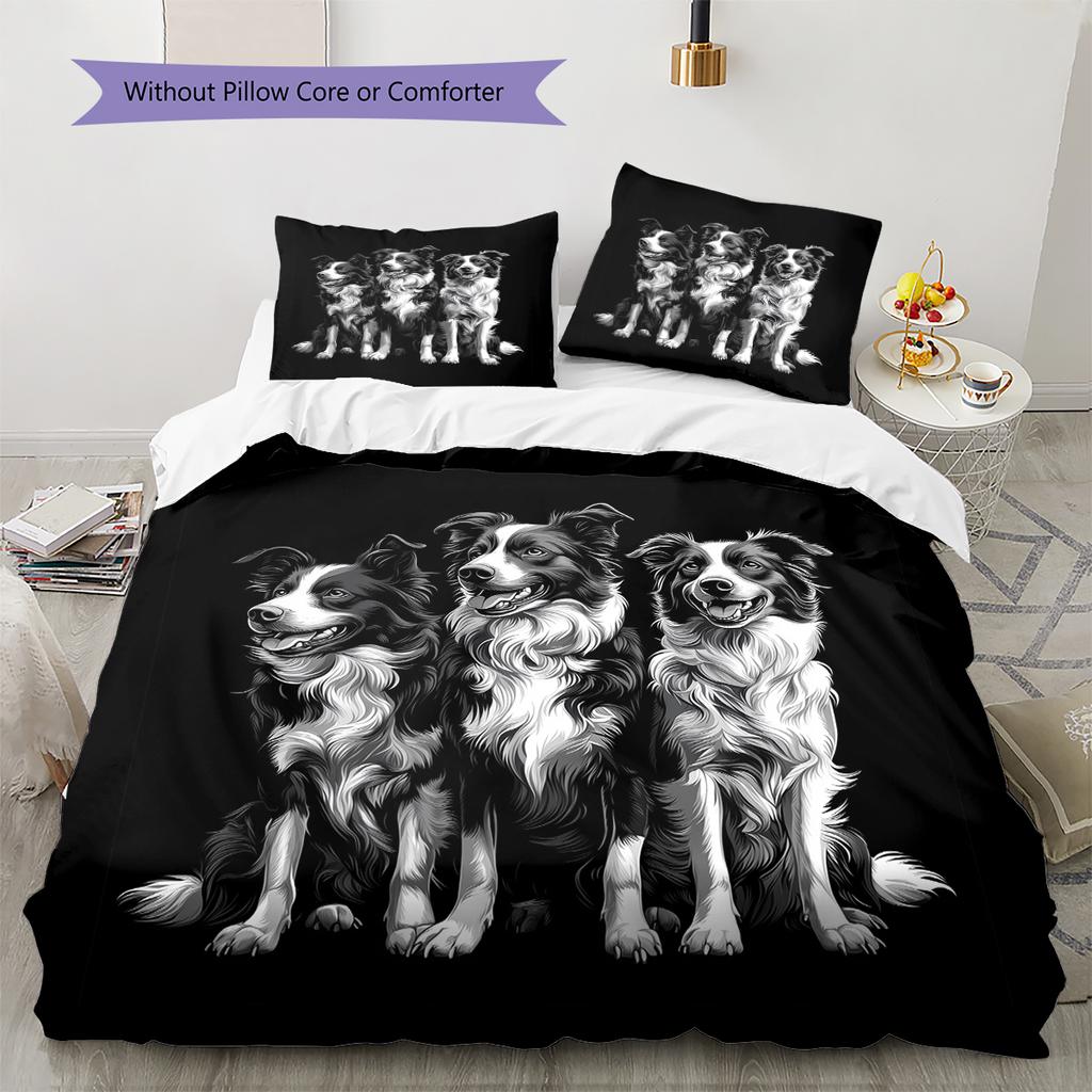 Black Border Collie Pattern Bedding Home Decoration Birthday Gift (1 * duvet cover + 2 * pillowcase, without core)