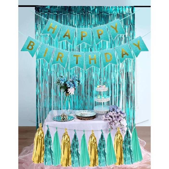 Teal Turquoise Gold Birthday Party Decorations Aqua Mint Birthday Banner Paper Tassel Garland Fringe Streamers for Girls 16th Women 30th 40th 50th