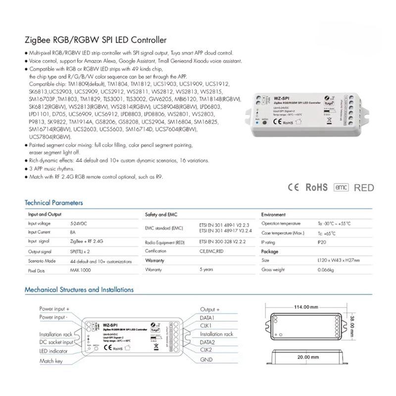 AEE4-5V-24V Tuya Zigbee Wifi Приложение SPI Контроллер Светодиодов WZ-SPI Управление 1000 Пикселей Светодиодов Для WS2811 2812B SK6812 RGB/RGBW Светодиодная Лента