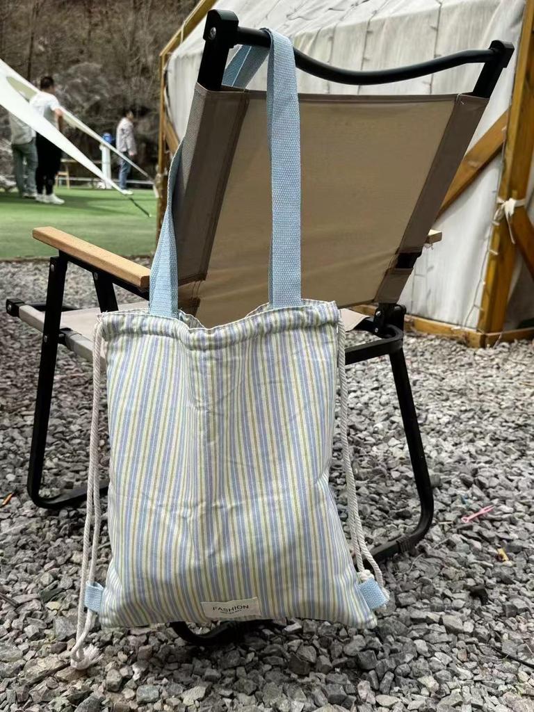 Striped Canvas Drawstring Backpack - 2025 Casual Commuter with Large Capacity & Single Shoulder Strap
