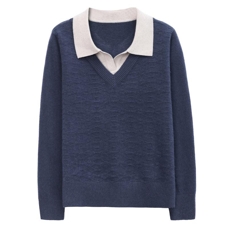 Осенне-зимняя мода с длинными рукавами, имитация воротника-поло, двухсекционный свитер, женский топ, стильный свободный высококачественный трикотажный базовый свитер