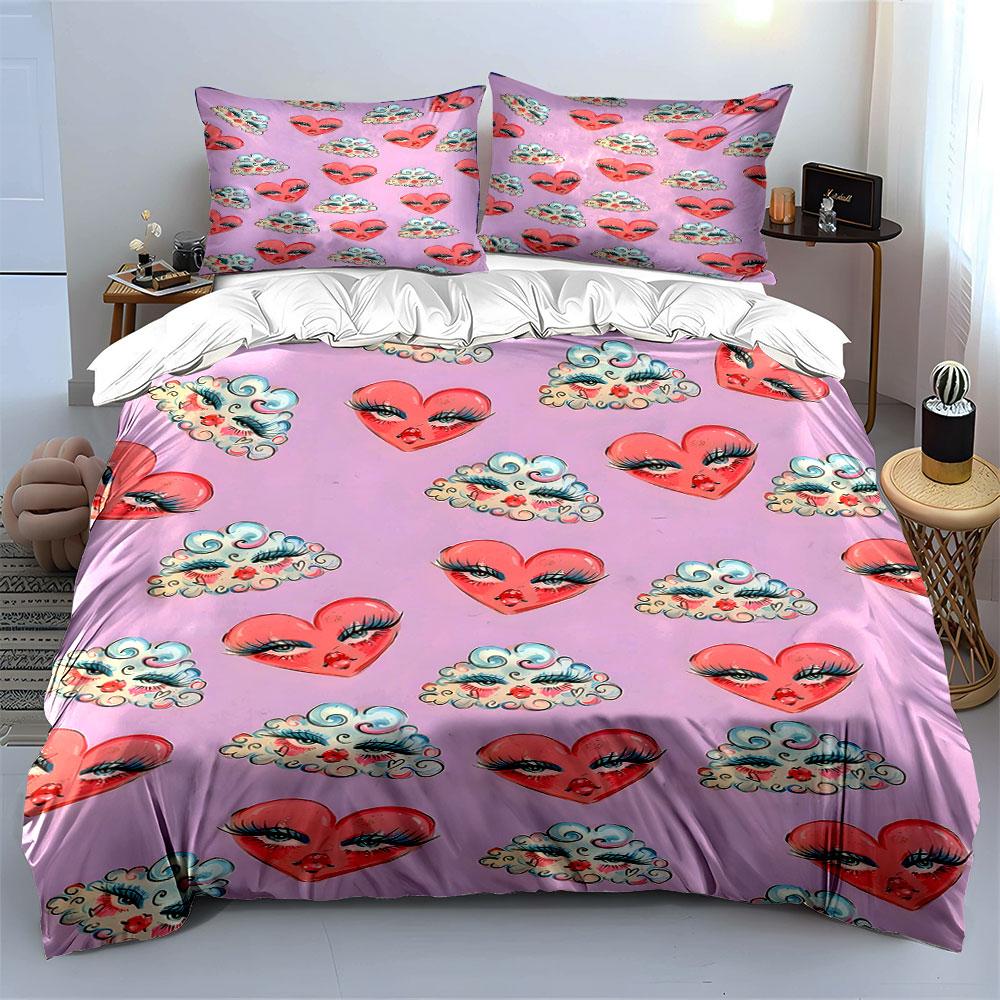 Pink hearts, clouds, faces. Bedding sets Duvet cover sets Duvet covers Pillowcases(1 * Duvet Cover 2 * Pillowcases without duvet insert)