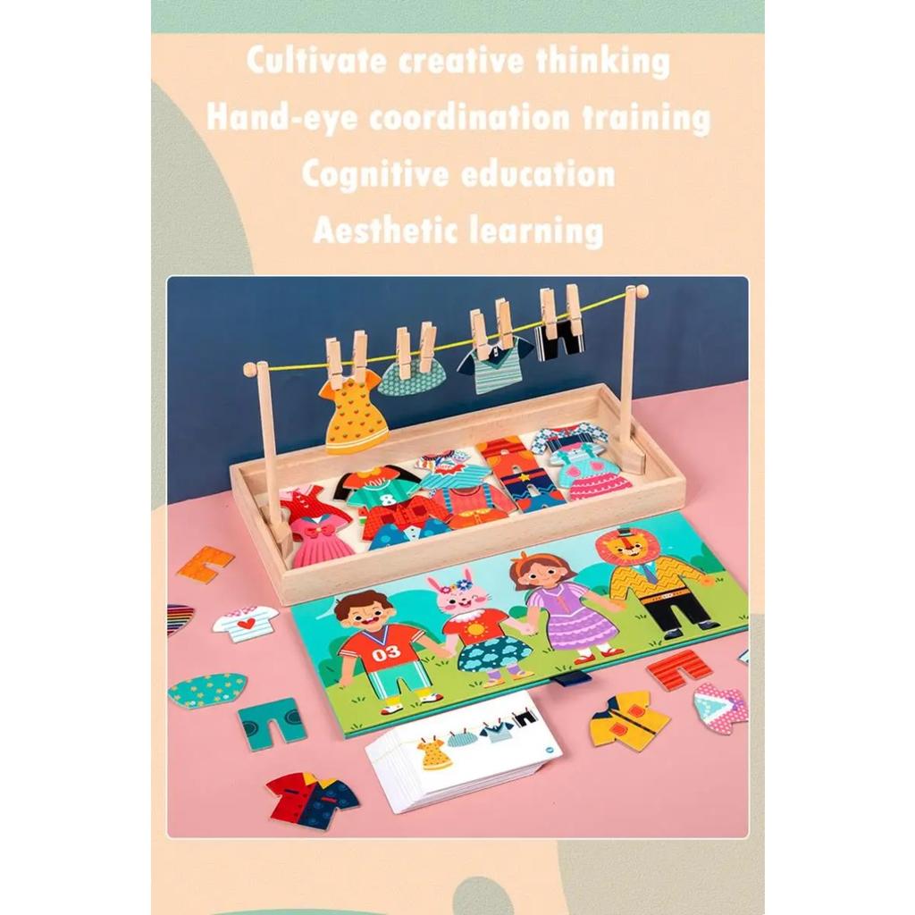 Wooden Kids Clothes Drying Dress-Up Puzzle Jigsaw Montessori Games Toys Thinking Games Educational Matching Sorting Toys Gifts