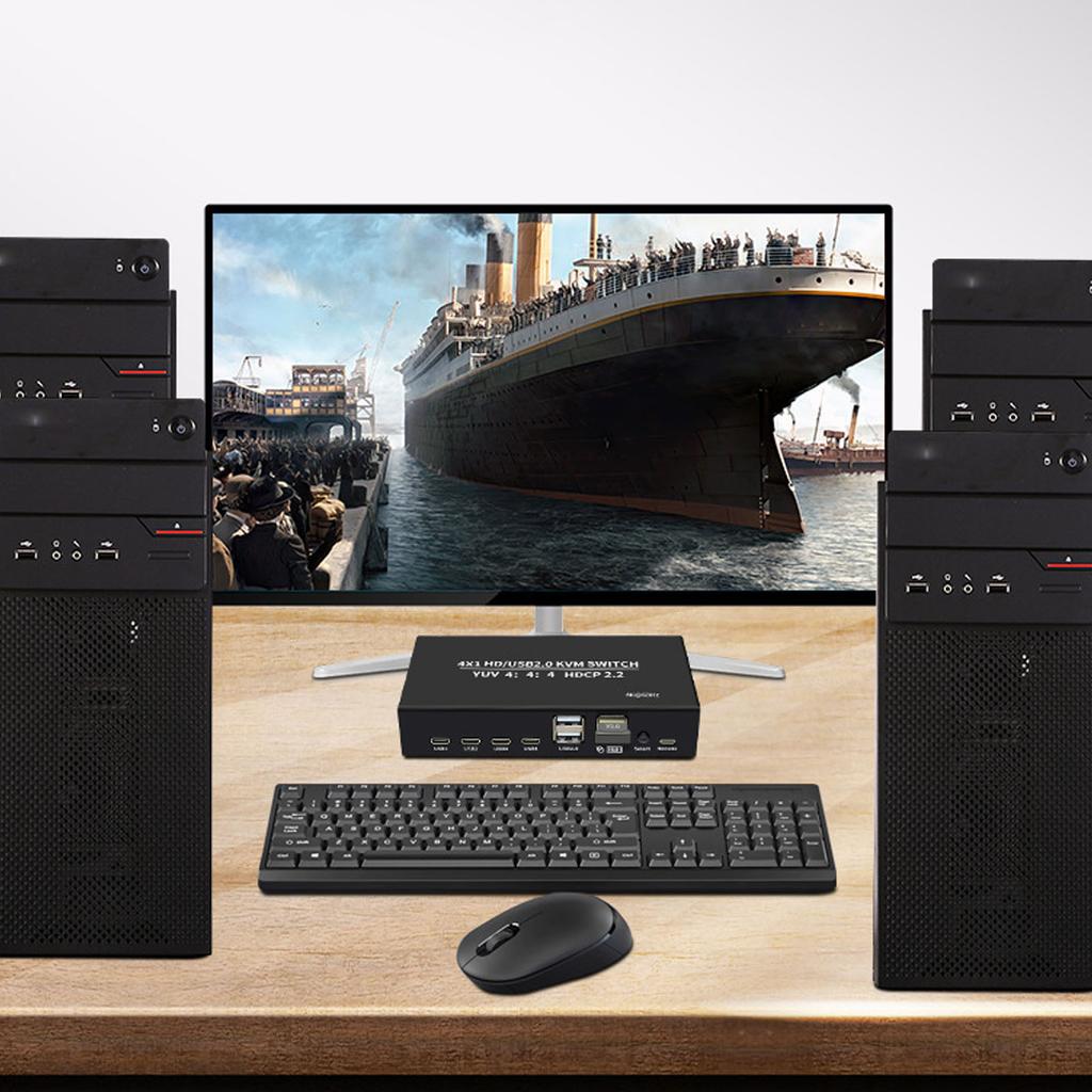 4x1 HD USB2.0 KVM 4K 60Гц Мультимедиа для совместного использования дисплея, клавиатуры, мыши, принтера 4 порта USB Type C и 4 кабеля