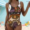 Women Plus Size Scoop Neck Wide Straps High Cut One Piece Cartoon Owl Printed Swimsuit