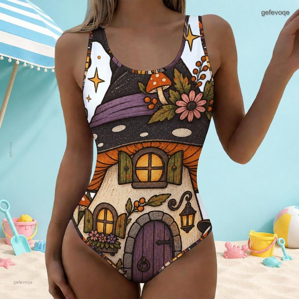 Women Plus Size Scoop Neck Wide Straps High Cut One Piece Cartoon Owl Printed Swimsuit