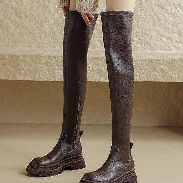 Сапоги выше колена на резинке женские новые модные темпераментные сапоги на толстом каблуке и платформе персонализированные удлиненные сапоги прилив
