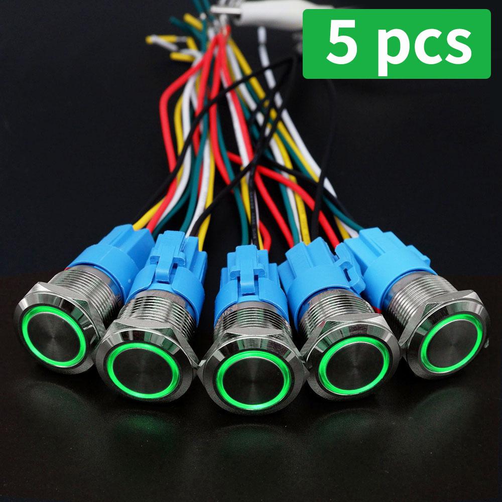 5 pcs Metal Push Button Switch 12v 16mm 19mm 22mm Ring Lamp Power Symbol Waterproof LED Light Self lock reset with connector 220 Switches4