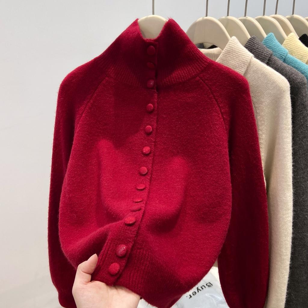 Angola Red Retro Knitted Sweater Women's Thickened Turtleneck Single-breasted Top Jacket Autumn and Winter Temperament Age-reducing Cardigan
