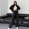 Women's Spring and Autumn Casual Loose Two-piece Set Long-sleeved Stand-up Collar Zipper Hoodie Elastic Waist Wide-leg Pants