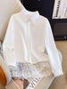 Весна 2025 Французская белая рубашка в стиле пэчворк с кружевом - Корейский стиль Ретро Приталенная Свободная с длинным рукавом Женский топ