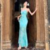 French Light Green Mesh Camisole Dress - Women's Summer Seaside Fishtail Maxi Dress