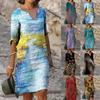 WomenV-neck Folk-custom Plus Size Print Loose  Dress Temperament Casual Waist