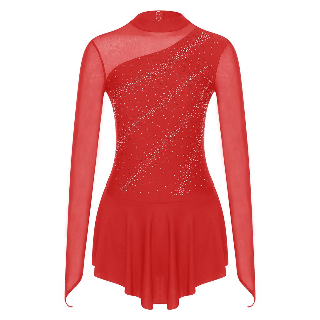 Womens Girls Figure Skating Dance Dresses Glitter Rhinestone Sheer Mesh Patchwork Long Sleeve Leotard Dress