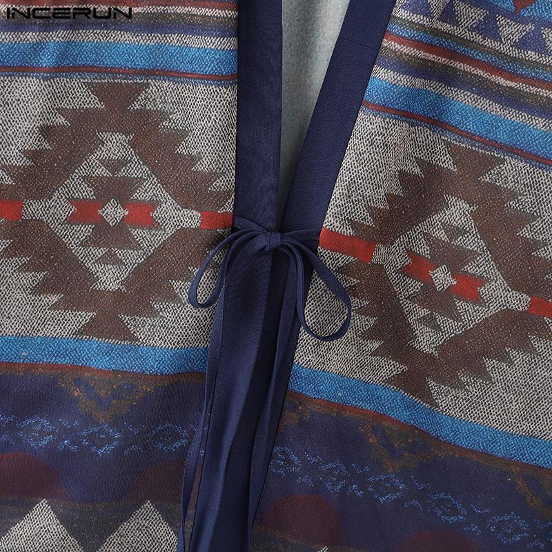 INCERUN Винтажный мужской длинный рукав цветочный принт бандажный кимоно кардиган