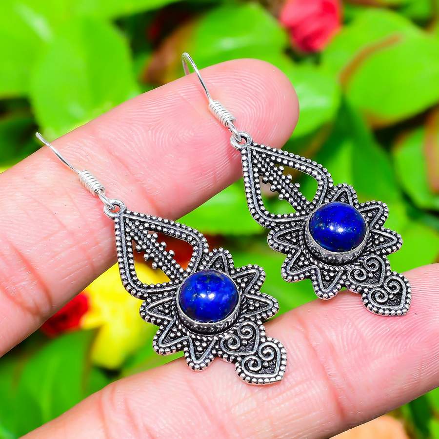 Natural Lapis Lazuli Gemstone 925 Sterling Silver Gift Earring 2.09" Z8c74