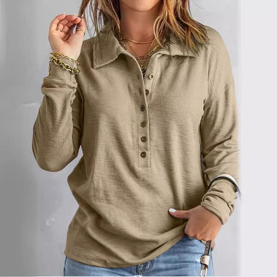 Autumn and Winter Solid Color Knitted Shirt Single breasted Flip Collar Loose Casual Top Women's Pullovers & Long Sleeves