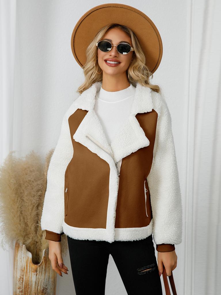 Women's Winter Faux Suede Coats Fleece Sherpa Lined Jacket Faux Fur Lapel Pockets Warm Fall Fashion Outerwear for Women Fuzzy Long Sleeve Warm Jackets