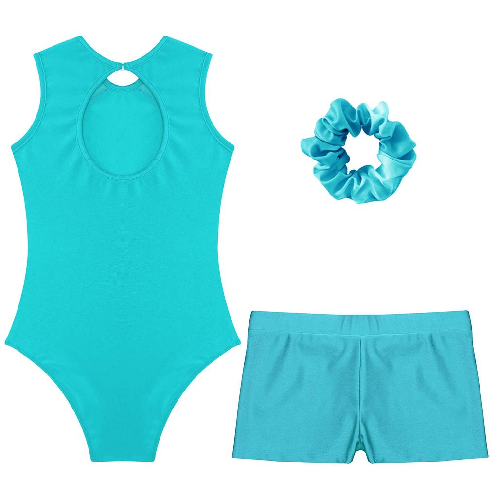 Гимнастический купальник для девочек без рукавов, блестящие стразы, вырез-замочная скважина сзади, шорты