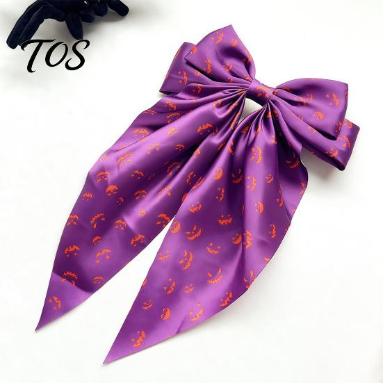 Halloween Hair Clip Silky Satin Bows for Women, Big Ribbon Bow Clips Girls, Hairstyle Accessory Oversized Long Tail Barrettes, Cute Ghost Bat
