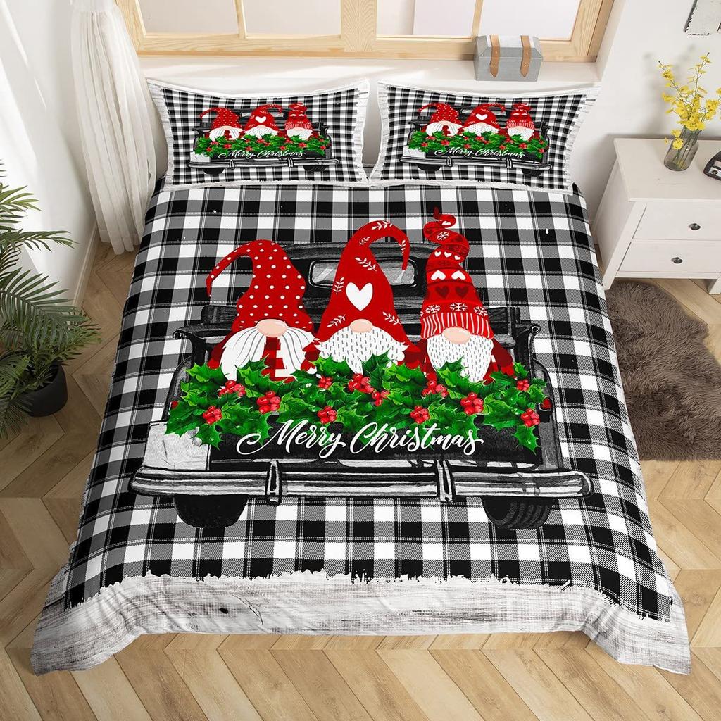 Geometric Grid Christmas Tree Three-Piece Digital Printed Bedding Set Bed Cover