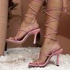 2025 новая мода толстый каблук высокий каблук розовый ремешок крест-накрест европейский и американский римский стиль женская обувь