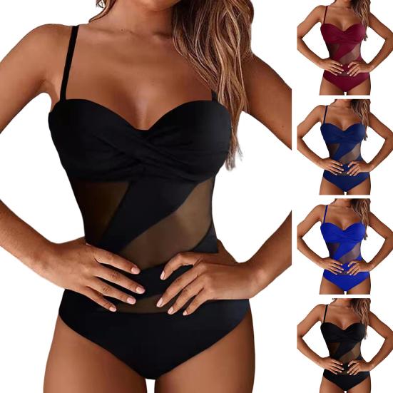 Women Monokini Spaghetti Strap See-through Mesh Low-cut Backless Slim Fit Swimming