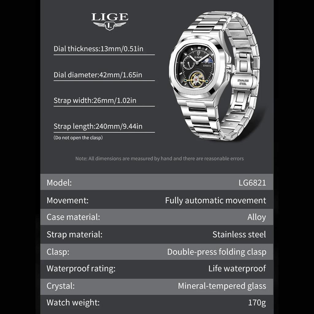 LIGE Dual Seconds Tourbillon Watch 24 Hour Mechanical Watch Stainless Steel Authentic Men Watch