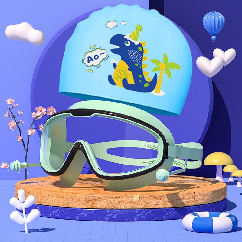 Комплект из очков и шапочек для плавания, детские очки с большой оправой, водонепроницаемые, противотуманные, для мальчиков и девочек, плавательные очки с рисунком, шапочка для купания