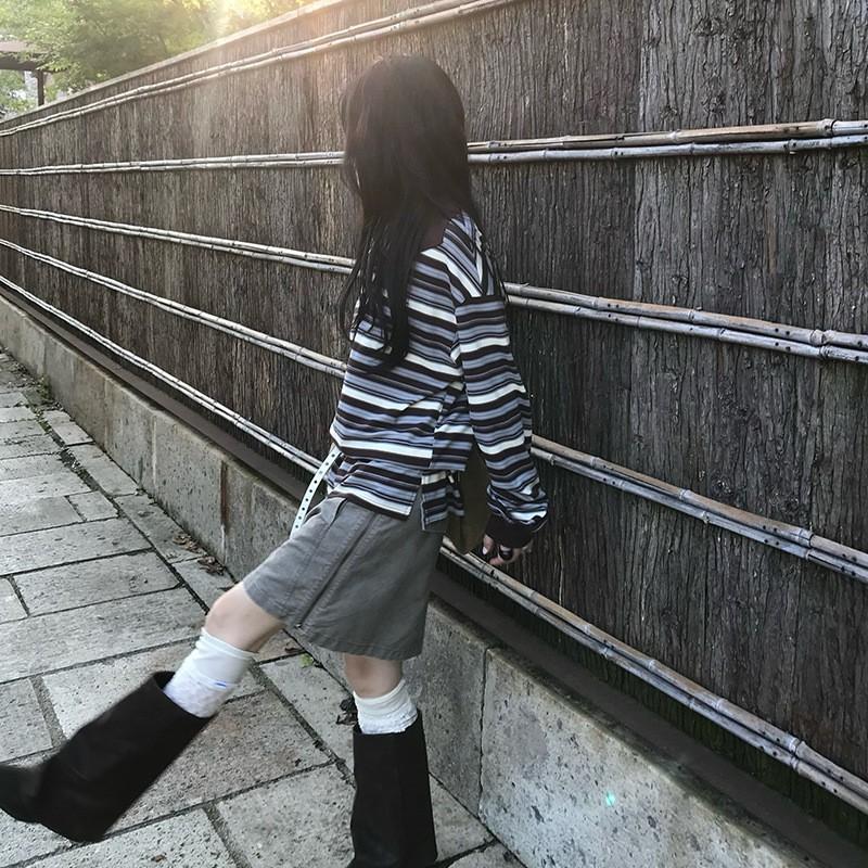 2026 Korean Style Loose Striped T-Shirt Women Slim Fit Half-Open Neck Long Sleeve Casual Top