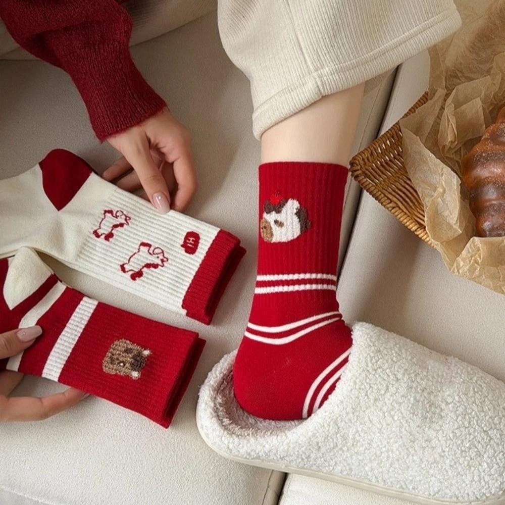Cotton Cartoon Red Socks Soft Zodiac Year Socks Cute Year of The Horse Socks  Gift