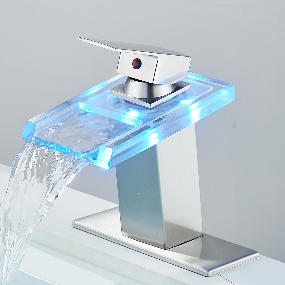 Светодиодный смеситель для раковины в ванной комнате с водопадом из латуни, с изменением температуры и цветов, смеситель для ванной комнаты, настенный смеситель для раковины, стеклянные краны