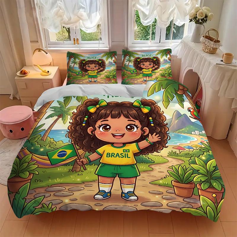 3pcs Brazilian Girl Adventure Bedding Set, Includes One Quilt Cover and Two Pillowcases, Bedroom and Guest Room Decoration. T7231155