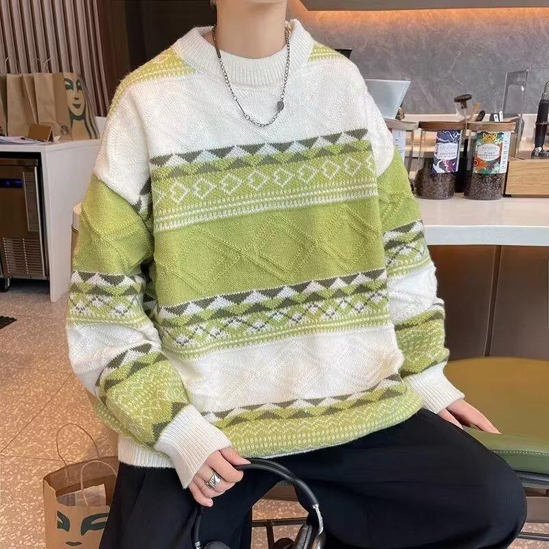 New Spring and Autumn Sweaters for Men, Korean Version, Retro Lazy Style, Loose Striped Casual Tops for Men, Trendy