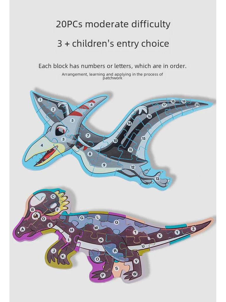 Children's 3D Wooden Dinosaur Puzzle: Number & Letter Educational Toy for Ages 3-6