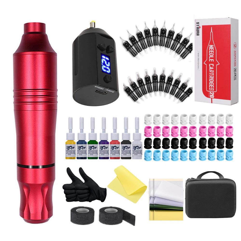 Беспроводной набор тату-ручек Полный комплект для татуировки Вращающийся шнур постоянного тока с 7-цветными чернилами Мини-мощный аккумулятор Источник питания Аксессуары для лайнера-шейдера