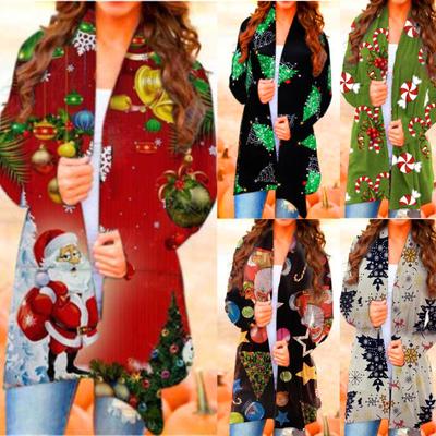 Женские рождественские топы, повседневные рубашки, свободный кардиган с длинными рукавами и открытой передней частью, верхняя одежда