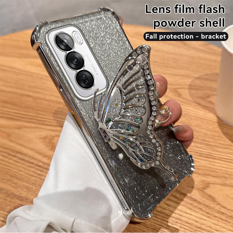 Glitter Shockproof Plating Quicksand Butterfly Phone Holder Case for OPPO Reno 14 14F 13 13F 12 12F 11 11F 10 Pro Silicone Cover