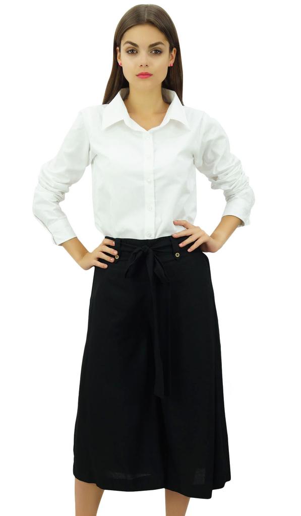 Bimba Женские брюки-капри из искусственного шелка с широкими штанинами, повседневные летние брюки с резинкой сзади и поясом, черные -