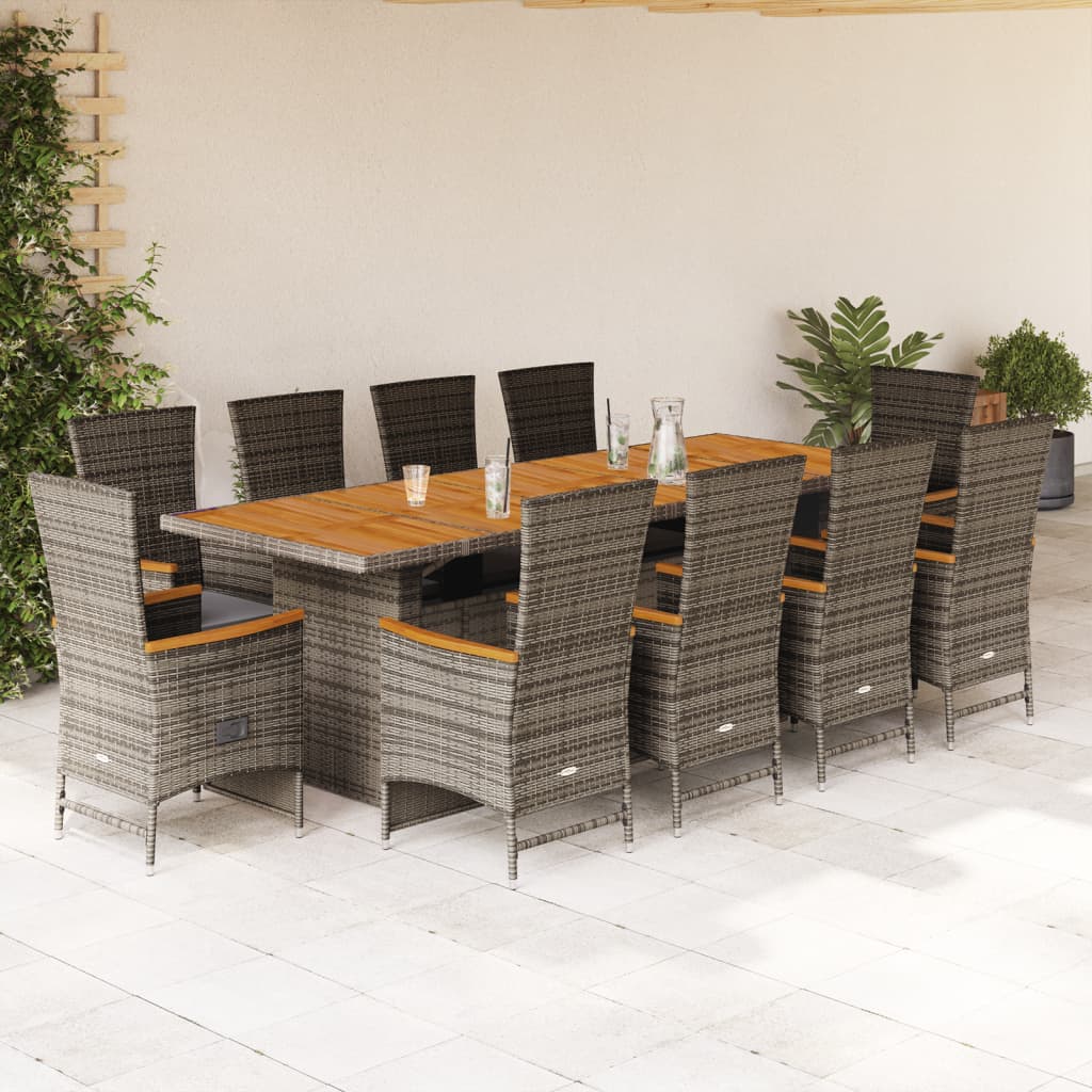 11 Piece Garden Dining Set with Cushions Gray Poly Rattan