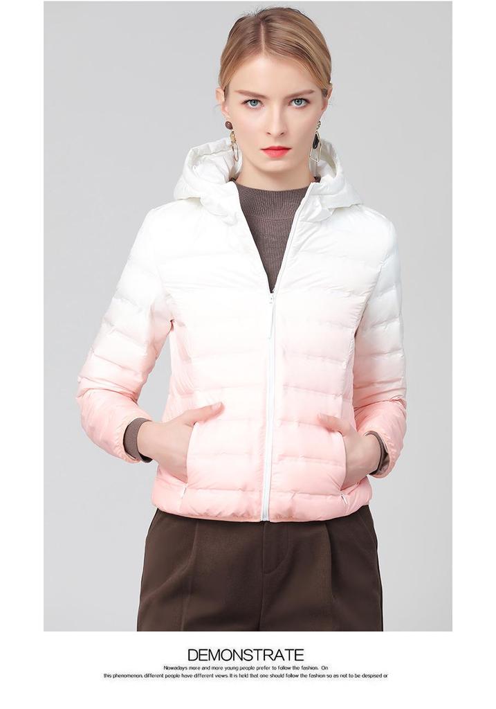 Gradient Women's Hooded Lightweight Down Jacket - Short, Packable, White Duck Down Coat, Off-season Clearance