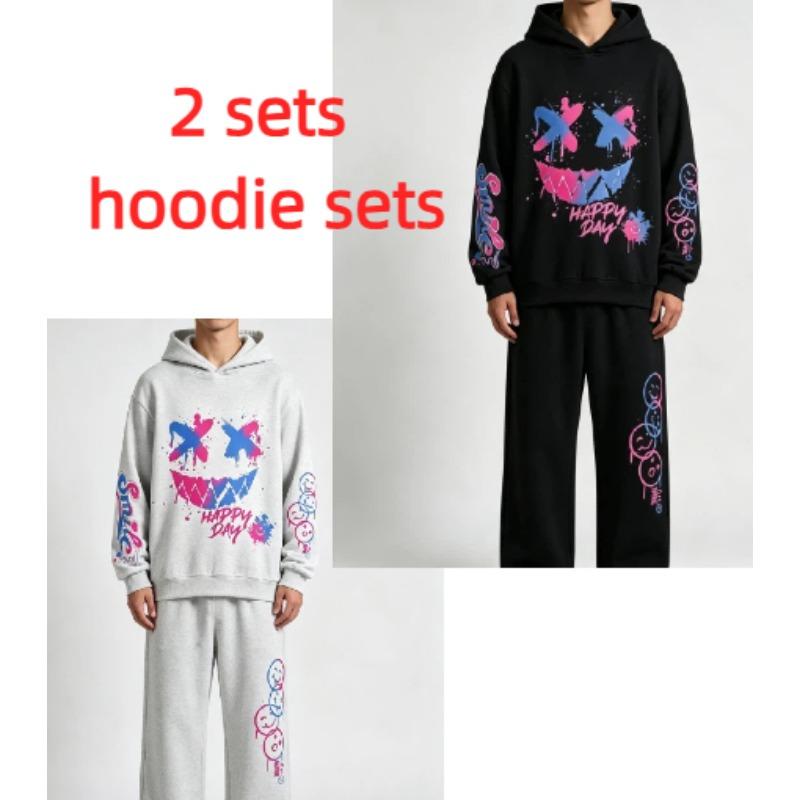 Happy Day Graffiti Print Kids Pullovers Pants 2-piece Set Street Casual Fashion Hoodies Vintage Boy's Girl Clothes