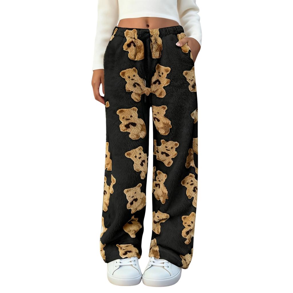 Женские милые плюшевые пижамные брюки с принтом медведя с карманом, широкие плюшевые повседневные брюки