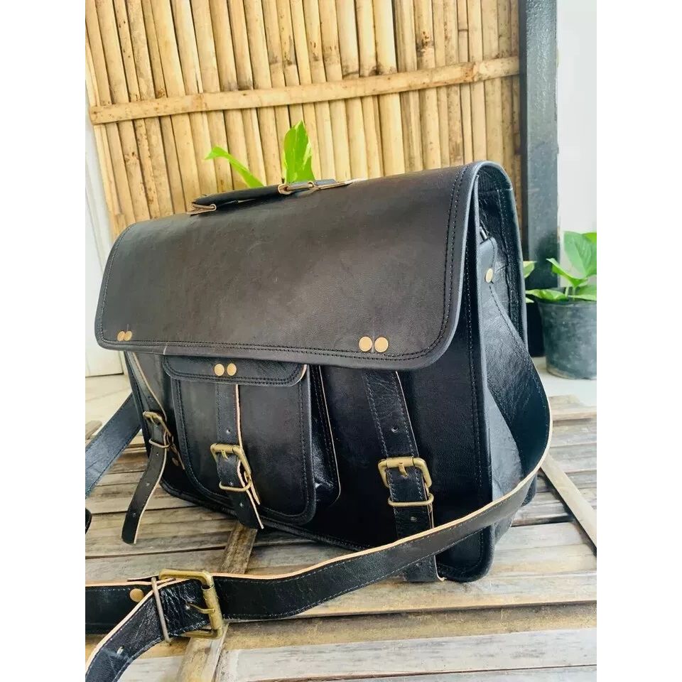 Genuine Vintage Black Leather Messenger Bag Shoulder Laptop ( Gift For Girlfriend BAG Size - 9 X 7 X 3 In )